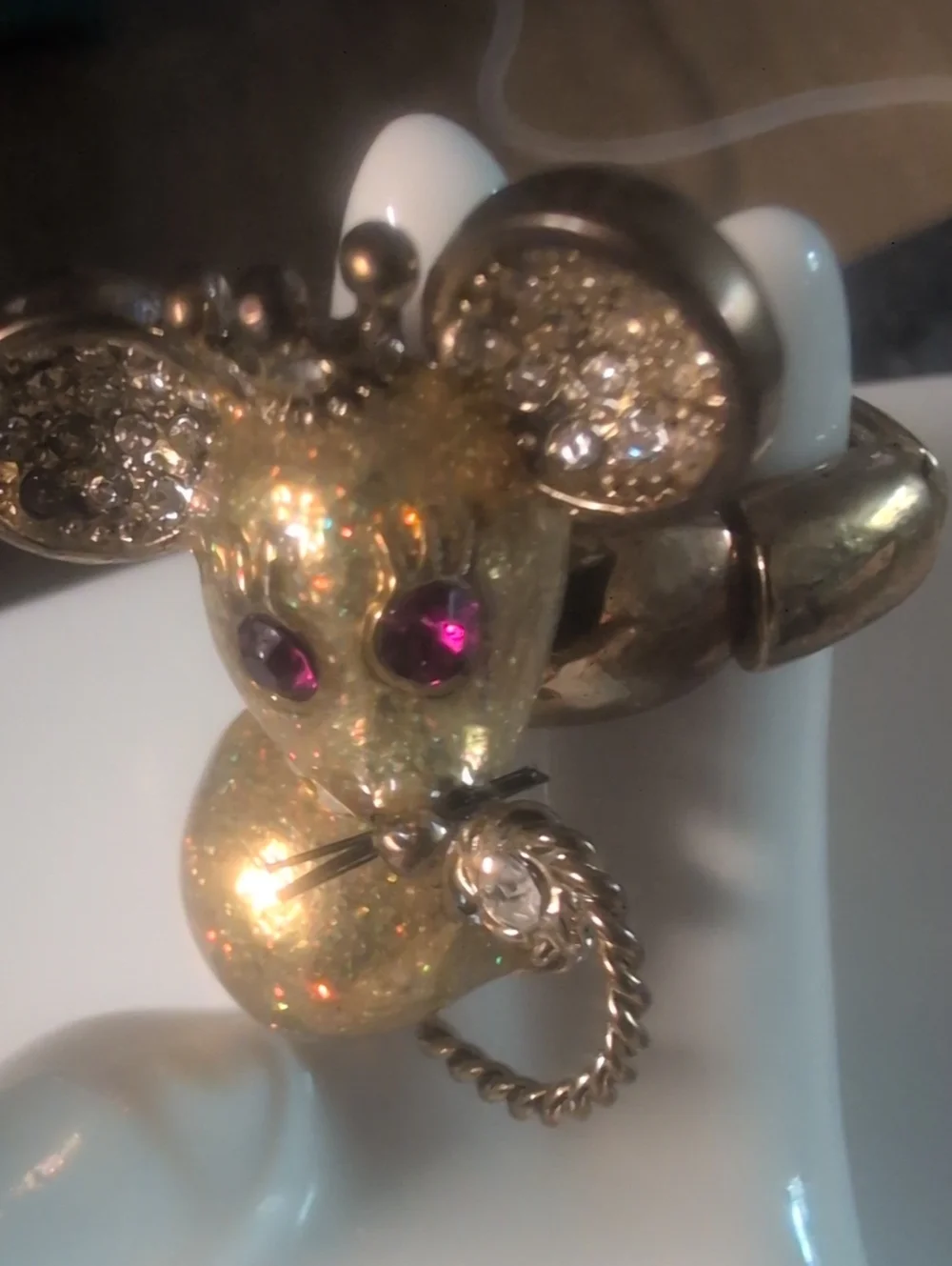 Betsy Johnson Stretch Gold-tone Mouse Ring with Rhinestone Accents and Pink Eyes